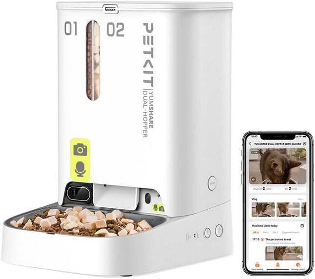 PETKIT Automatic Cat Feeder 2 Bowls with Camera, Automatic Cat Feeder, 5 L Cat Feeder, Automatic Feeder for Cats and Dogs, AI Function, 1-10 Meals per Day, 1-30 Servings