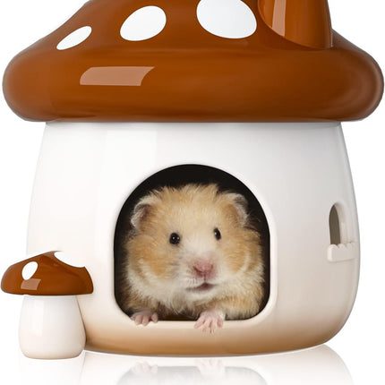 BUCATSTATE Ceramic Hamster Hideout, Mushroom-Shaped Hamster House and Habitat, Fresh Bed, Ideal for Dwarf Hamsters, for All Seasons, Gerbils, Golden Bear (Brown/Large)