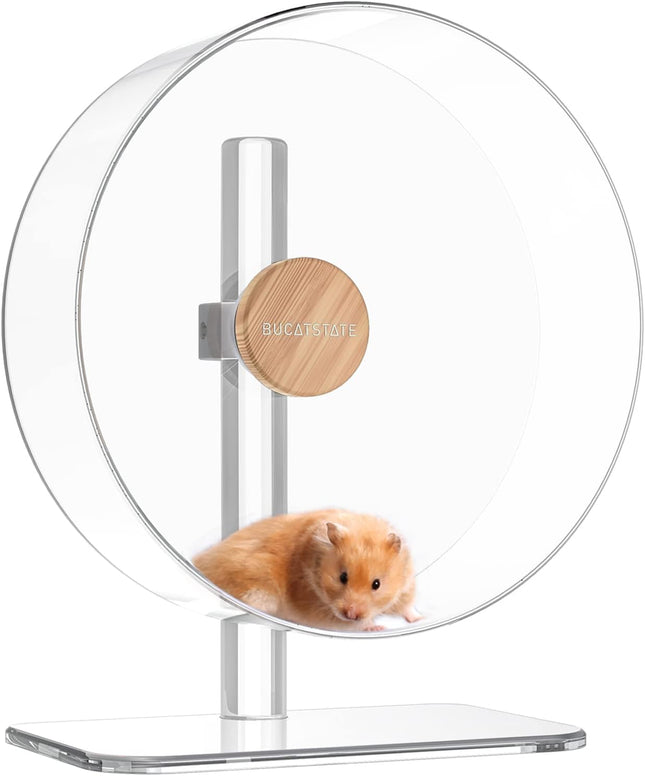BUCATSTATE Exercise Wheel Hamster, 32 cm Acrylic Hamster Wheel Quiet with Adjustable Base Hamster Toy for Hedgehogs, Chinchillas, Roborowski Dwarf Hamsters, Gold Hamsters, Gerbil (Clear)