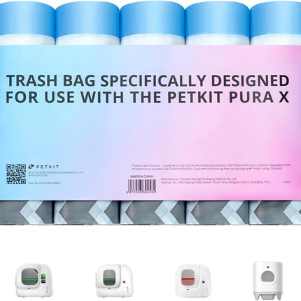 PETKIT Cat Litter Box Bag with Drawstrings, Bag for Cat Litter Tray for Pura Max 2 and Pura X, Scratch-Resistant for Pets, Cats, Dogs, Poop Cat Litter, 5 Rolls x 20 (Pack of 100)