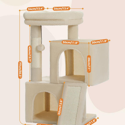PETEPELA Kratzbaum mit Dual Condos für Wohnungskatzen, All-in-One-Katzenhaus mit gepolsterter Sitzstange, Kratzrampe und Pfosten und austauschbaren Bällen Beige