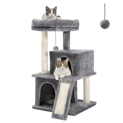 PETEPELA Kratzbaum mit Dual Condos für Wohnungskatzen, All-in-One-Katzenhaus mit gepolsterter Sitzstange, Kratzrampe und Pfosten und austauschbaren Bällen Beige