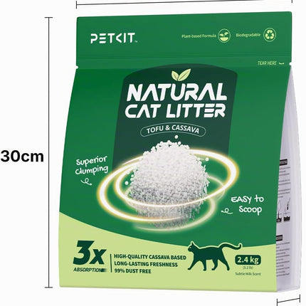 PETKIT Clumping Cat Litter, Plant-Based, 9.6 kg, 100% Natural, Dust-Free, Odour-Neutralising, Biodegradable, No Gluing, Easy to Scoop, 4 x 2.4 kg Bags