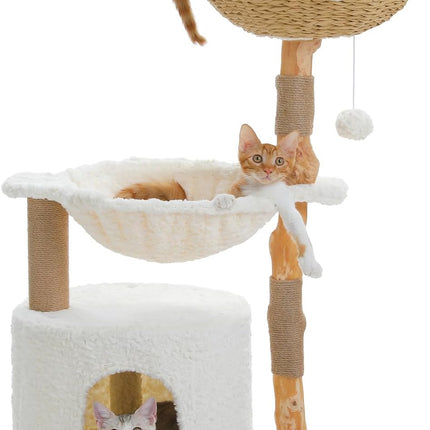 PETEPELA 102cm Moderner Kratzbaum für Katzen alle Lebensphase, luxuriöser Kletterbaum mit großem Weidenkorb, geräumige Höhle und 40cm weit Hängematte, ästhetisches Katzenhaus für Wohnungskatzen beige