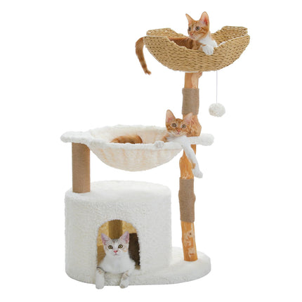 PETEPELA Kratzbaum für Wohnungskatzen, 150 cm hoher moderner Katzenbaum für große Katzen, mit 3 großen Körben, aus massivem Naturholz, Luxus-Katzenhaus mit Hängematte, modernes Möbel, Beige
