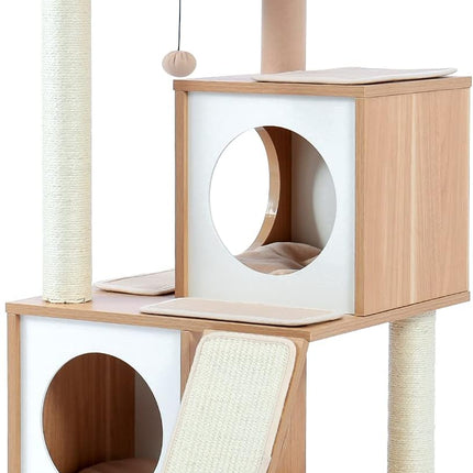 PETEPELA Kratzbaum für Katzen, 89 cm, Katzenturm mit Doppelhöhlen, abnehmbare, geräumige Sitzfläche, vollständig mit Sisal umwickelte Kratzstämme, austauschbare baumelnde Bälle, Beige