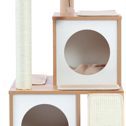 PETEPELA Kratzbaum für Katzen, 89 cm, Katzenturm mit Doppelhöhlen, abnehmbare, geräumige Sitzfläche, vollständig mit Sisal umwickelte Kratzstämme, austauschbare baumelnde Bälle, Beige