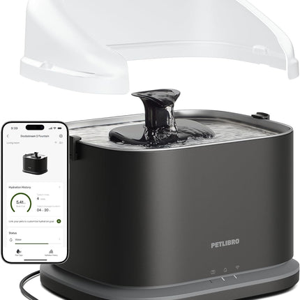 PETLIBRO Dockstream Cat Fountain with Splash Guard, 2 Smart Cat Drinking Fountain with App Control, 3L/101oz, Stainless Steel Bowl, Prevents Water Splash, for Cats Indoor