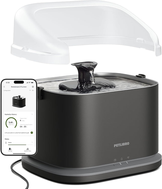 PETLIBRO Dockstream Cat Fountain with Splash Guard, 2 Smart Cat Drinking Fountain with App Control, 3L/101oz, Stainless Steel Bowl, Prevents Water Splash, for Cats Indoor