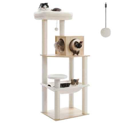 PETEPELA Kratzbaum für große Katzen, 181 cm hoch, mit Acryl-Hängematte, Multi-Stufe Holz Katzenbaum mit großer Katzenhöhle, Kratzsäule & Kratzpad, Beige