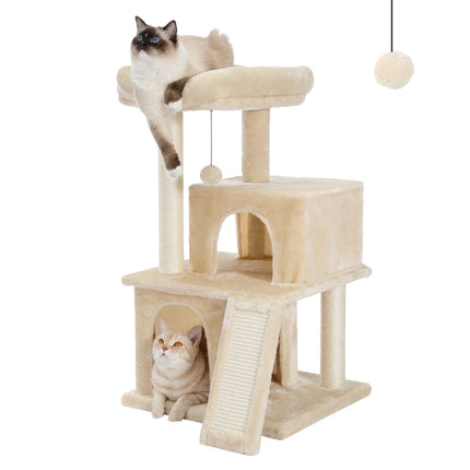 PETEPELA Kratzbaum für Katzen, 89 cm, Katzenturm mit Doppelhöhlen, abnehmbare, geräumige Sitzfläche, vollständig mit Sisal umwickelte Kratzstämme, austauschbare baumelnde Bälle, Beige