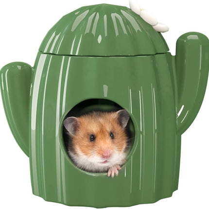 BUCATSTATE Ceramic House for Hamsters, Chewable Hiding Tunnel in Cactus Shape, Large Entrances, Cool Bed, Ideal for Summer by Chinchilla, Rat, Mice, Gerbils (L)