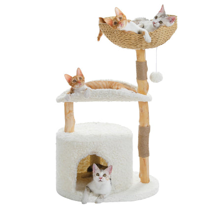 PETEPELA Kratzbaum für Wohnungskatzen, 150 cm hoher moderner Katzenbaum für große Katzen, mit 3 großen Körben, aus massivem Naturholz, Luxus-Katzenhaus mit Hängematte, modernes Möbel, Beige