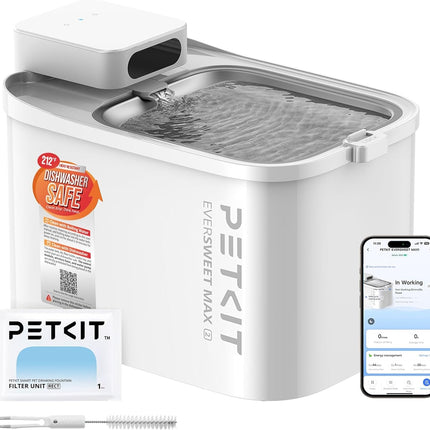PETKIT Intelligent Pet Drinking Fountain, 3L Stainless Steel & BPA-Free, Quiet 26 dB with Motion Sensor, Long Battery Life, Dishwasher Safe, Whisper Quiet Cat Fountain Dog Drinking Fountain
