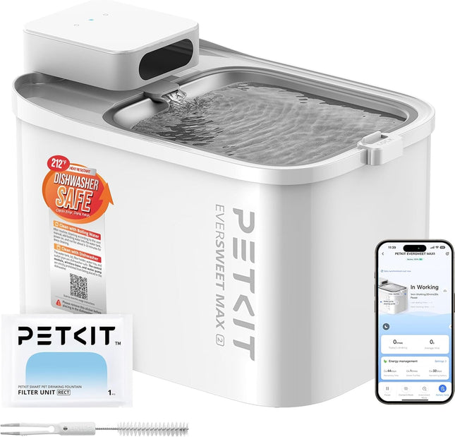 PETKIT Intelligent Pet Drinking Fountain, 3L Stainless Steel & BPA-Free, Quiet 26 dB with Motion Sensor, Long Battery Life, Dishwasher Safe, Whisper Quiet Cat Fountain Dog Drinking Fountain