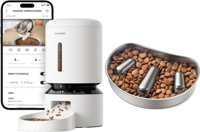 PETLIBRO 5L Automatic Cat Feeder with 1080P Video - 5G WiFi Feeder Dog + PETLIBRO Anti Sling Bowl Dog Bowl Slow Feeding