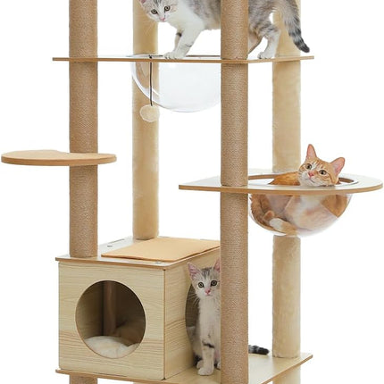 PETEPELA Kratzbaum für große Katzen, 181 cm hoch, mit Acryl-Hängematte, Multi-Stufe Holz Katzenbaum mit großer Katzenhöhle, Kratzsäule & Kratzpad, Beige