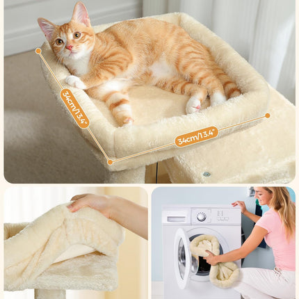 PETEPELA Kratzbaum mit Dual Condos für Wohnungskatzen, All-in-One-Katzenhaus mit gepolsterter Sitzstange, Kratzrampe und Pfosten und austauschbaren Bällen Beige