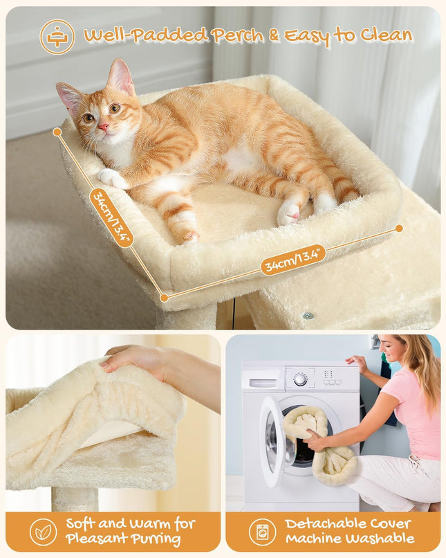 PETEPELA Kratzbaum mit Dual Condos für Wohnungskatzen, All-in-One-Katzenhaus mit gepolsterter Sitzstange, Kratzrampe und Pfosten und austauschbaren Bällen Beige