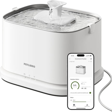 PETLIBRO Improved Cat Fountain, Dockstream 2 Smart App Monitoring Drinking Fountain for Cat, 3L Cat Drinking Fountain, Stainless Steel Bowl for Indoor Drinking, 5G WiFi Water Fountain for Dog, White