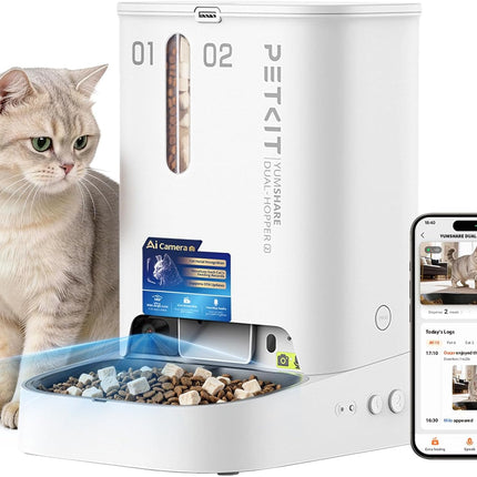 PETKIT YumShare Dual-Hopper 2 Automatic Cat Feeder, 2 Bowls with Camera, Face Detection for Multiple Cats, 5L Cat Feeder, Automatic Feeder for Dogs, AI Function, 2.4 & 5G Wi-Fi