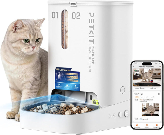 PETKIT YumShare Dual-Hopper 2 Automatic Cat Feeder, 2 Bowls with Camera, Face Detection for Multiple Cats, 5L Cat Feeder, Automatic Feeder for Dogs, AI Function, 2.4 & 5G Wi-Fi