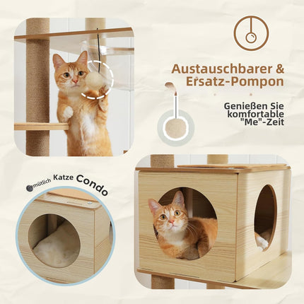 PETEPELA Kratzbaum für große Katzen, 181 cm hoch, mit Acryl-Hängematte, Multi-Stufe Holz Katzenbaum mit großer Katzenhöhle, Kratzsäule & Kratzpad, Beige