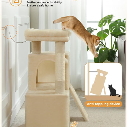PETEPELA Kratzbaum mit Dual Condos für Wohnungskatzen, All-in-One-Katzenhaus mit gepolsterter Sitzstange, Kratzrampe und Pfosten und austauschbaren Bällen Beige