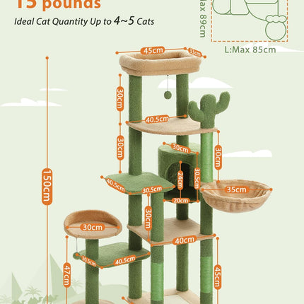 PETEPELA 150cm Kaktus Kratzbaum, hoher Katzenbaum für große Katze, mehrstöckiger Katzenturm, Katzenkratzbaum für Wohnungskatzen, Katzenwohnung mit großer Hängematte, Kratzsäule und 2 Sitzstangen, grün