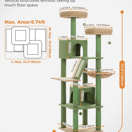 PETEPELA 180cm Kaktus Kratzbaum groß, Multi-Level Katzenbaum für große Katzen, mit 6 Sisalsäule, 2 Kratzbrettern, 2 Plattformen, 1 Hängematte, 2 Spielbälle,grün