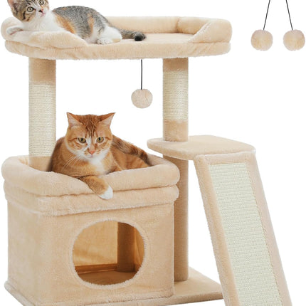 PETEPELA Kleiner Kratzbaum für große ausgewachsene Katzen mit breiter oberer Liegefläche, privater Katzenhöhle und Sisal-Kratzsäule，Kratzpad für Wohnungskatzen,beige