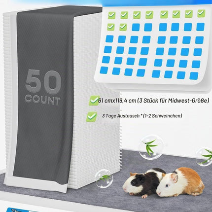 BUCATSTATE Disposable PIPI Pads for Guinea Pigs, 50 Pieces, 6 Layers Super Absorbent Small Animal Pee Pads, Bamboo Charcoal Pipipads for Odour Control - Ideal for Rabbits, Ferrets (60 x 45 cm)