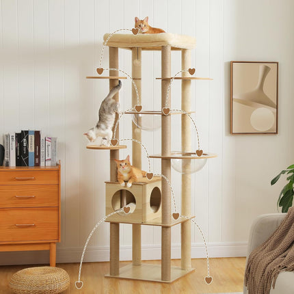 PETEPELA Kratzbaum für große Katzen, 181 cm hoch, mit Acryl-Hängematte, Multi-Stufe Holz Katzenbaum mit großer Katzenhöhle, Kratzsäule & Kratzpad, Beige