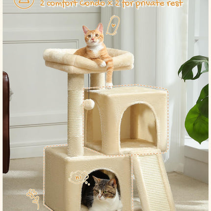 PETEPELA Kratzbaum mit Dual Condos für Wohnungskatzen, All-in-One-Katzenhaus mit gepolsterter Sitzstange, Kratzrampe und Pfosten und austauschbaren Bällen Beige