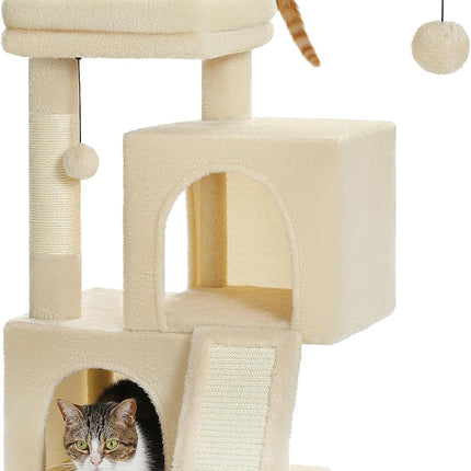 PETEPELA Kratzbaum mit Dual Condos für Wohnungskatzen, All-in-One-Katzenhaus mit gepolsterter Sitzstange, Kratzrampe und Pfosten und austauschbaren Bällen Beige