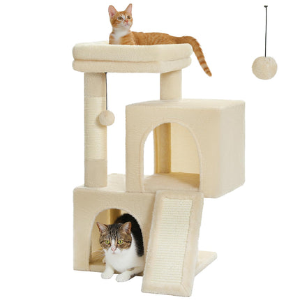 PETEPELA Kratzbaum für Katzen, 89 cm, Katzenturm mit Doppelhöhlen, abnehmbare, geräumige Sitzfläche, vollständig mit Sisal umwickelte Kratzstämme, austauschbare baumelnde Bälle, Beige
