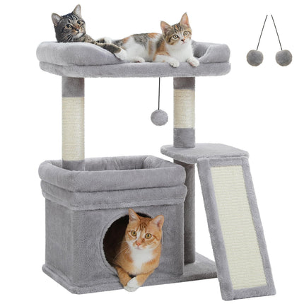 PETEPELA Kleiner Kratzbaum für große ausgewachsene Katzen mit breiter oberer Liegefläche, privater Katzenhöhle und Sisal-Kratzsäule，Kratzpad für Wohnungskatzen,beige