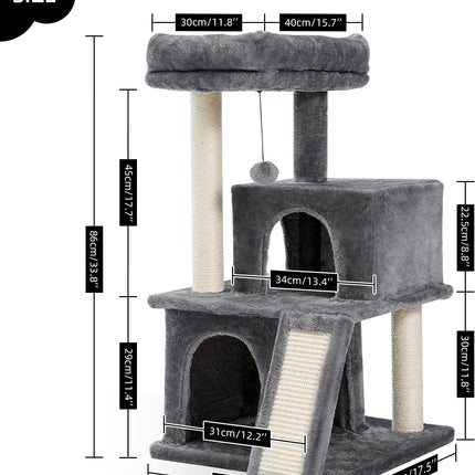 PETEPELA Katzenbaum Kratzbaum Kratzbäume Katzenmöbel mit Sisal-Seil Plüsch Liege höhlen Spielhaus Spielzeug für Katzen Grau