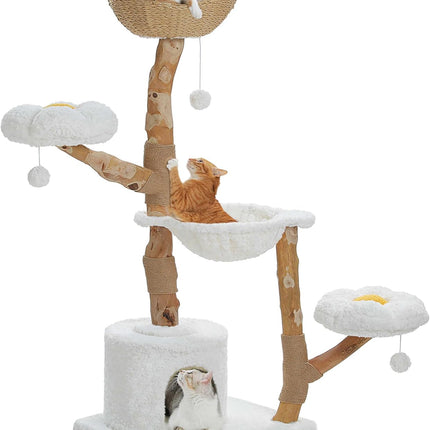 PETEPELA Kratzbaum für Wohnungskatzen, 150 cm hoher moderner Katzenbaum für große Katzen, mit 3 großen Körben, aus massivem Naturholz, Luxus-Katzenhaus mit Hängematte, modernes Möbel, Beige