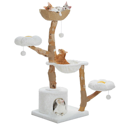 PETEPELA 120 cm Moderner Kratzbaum für große Katzen mit Blumen-Aussichtsplattform, natürlichem Massivholz-Kratzpfosten, Boho-Rattan-Kratzbaum mit Höhle und Weidenkorb-Bett für Wohnungskatzen, Wolkenwe