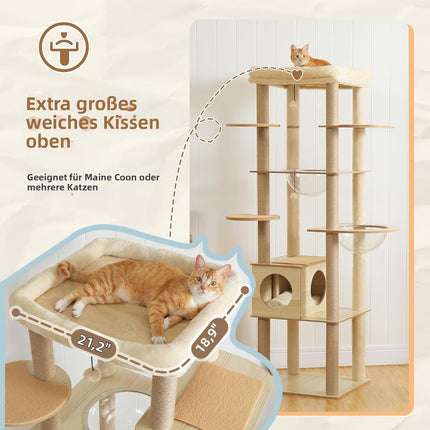 PETEPELA Kratzbaum für große Katzen, 181 cm hoch, mit Acryl-Hängematte, Multi-Stufe Holz Katzenbaum mit großer Katzenhöhle, Kratzsäule & Kratzpad, Beige