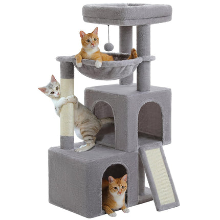 PETEPELA Kratzbaum 104cm Katzenbaum mit 2 geräumigen Höhle für Wohnungskatzen, Katzenhaus mit bequemer Hängematte, gepolsterter Sitzstange, Kratzpad und abziehbarer Spielball Schwarz