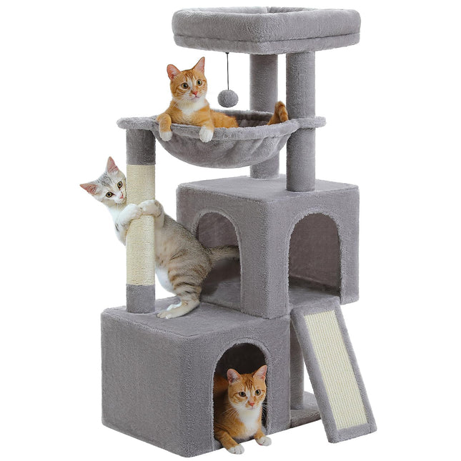 PETEPELA Kratzbaum 104cm Katzenbaum mit 2 geräumigen Höhle für Wohnungskatzen, Katzenhaus mit bequemer Hängematte, gepolsterter Sitzstange, Kratzpad und abziehbarer Spielball Schwarz