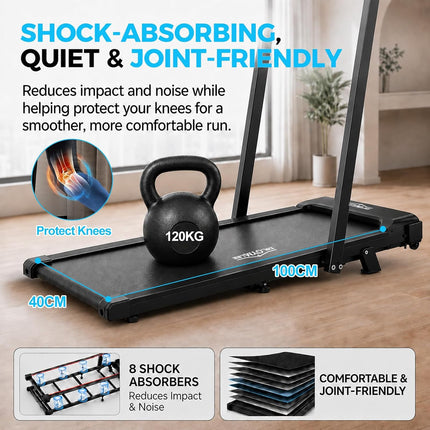 1-12km/h Folding Treadmill with 0%-10% Incline, 6 in 1, Quiet Treadmill for Home and Office, Adjustable LED Display 95°-105°, Running Surface 105×42cm, Load Capacity 136kg