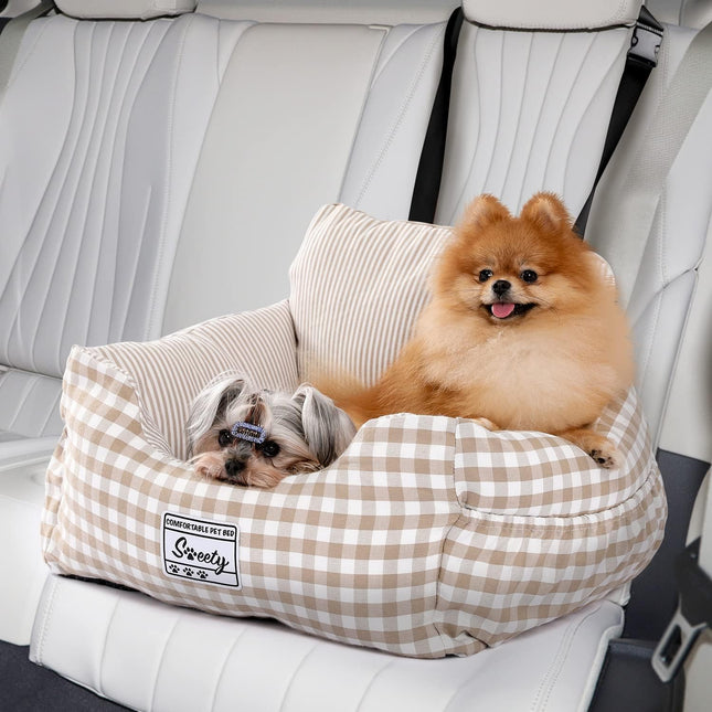 PETEPELA Hundeautositz mit stabil Sicherheitsgurt Weich Hunde Sitzerhöhung Wasserdichter Rutschfester Hundetransportträger für kleine bis mittelgroße Hunde Beige