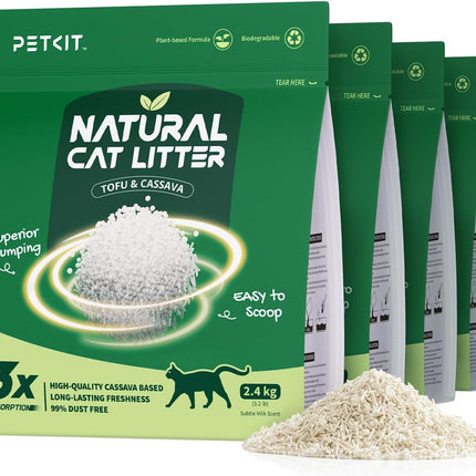PETKIT Clumping Cat Litter, Plant-Based, 9.6 kg, 100% Natural, Dust-Free, Odour-Neutralising, Biodegradable, No Gluing, Easy to Scoop, 4 x 2.4 kg Bags