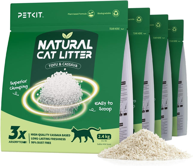 PETKIT Clumping Cat Litter, Plant-Based, 9.6 kg, 100% Natural, Dust-Free, Odour-Neutralising, Biodegradable, No Gluing, Easy to Scoop, 4 x 2.4 kg Bags