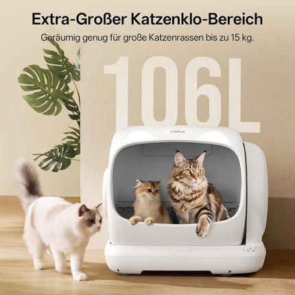 UBPET XXXL Cat Litter Tray Self-Cleaning, 106 L Self-Cleaning Cat Litter Tray with App Control, Deodoriser, Large Capacity, Automatic Cat Litter Tray for Multiple Cats (White)