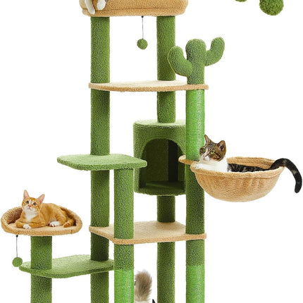 PETEPELA 150cm Kaktus Kratzbaum, hoher Katzenbaum für große Katze, mehrstöckiger Katzenturm, Katzenkratzbaum für Wohnungskatzen, Katzenwohnung mit großer Hängematte, Kratzsäule und 2 Sitzstangen, grün