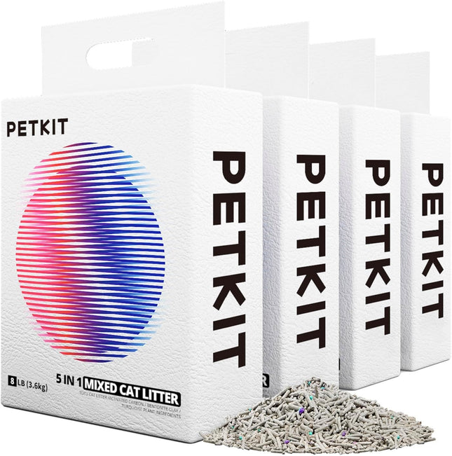 PETKIT 5-in-1 Mixed Cat Litter, Flushable, Odourless, Activated Carbon, Extremely Absorbent and Quick Drying Tofu Cat Litter (Four Pockets)